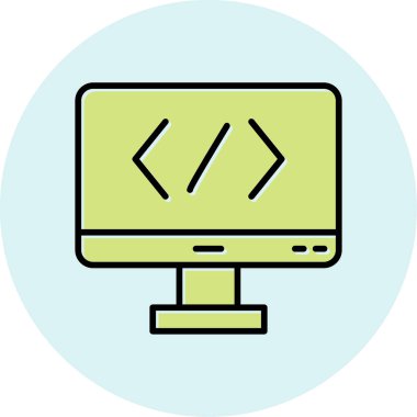 Bilgisayar ekranında kod simgesi, vektör illüstrasyonu basit tasarım