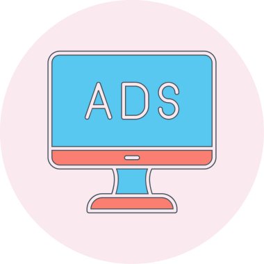 Web reklam simgesi, metin reklamları ile monitör, vektör illüstrasyonu