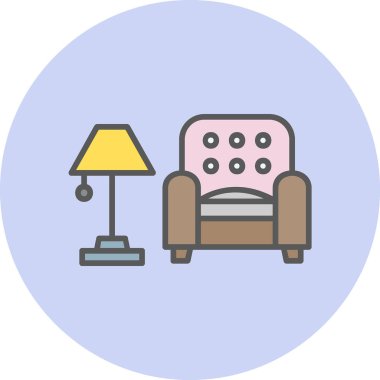 İç Tasarım Simgesi. Yer lambası ve Kol Sandalyesi tabelası. Vektör İllüstrasyonu