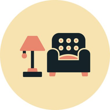 İç Tasarım Simgesi. Yer lambası ve Kol Sandalyesi tabelası. Vektör İllüstrasyonu