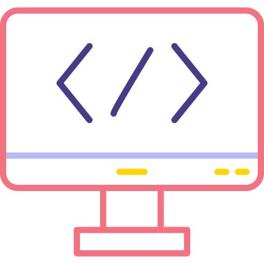 Bilgisayar ekranında kod simgesi, vektör illüstrasyonu basit tasarım