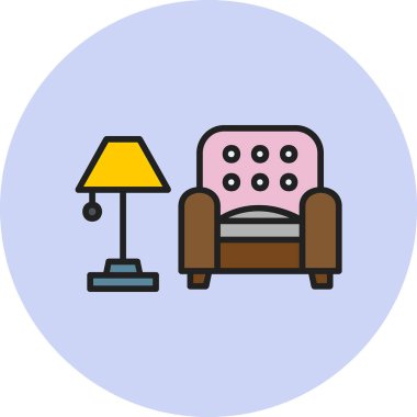 İç Tasarım Simgesi. Yer lambası ve Kol Sandalyesi tabelası. Vektör İllüstrasyonu