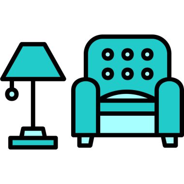 İç Tasarım Simgesi. Yer lambası ve Kol Sandalyesi tabelası. Vektör İllüstrasyonu