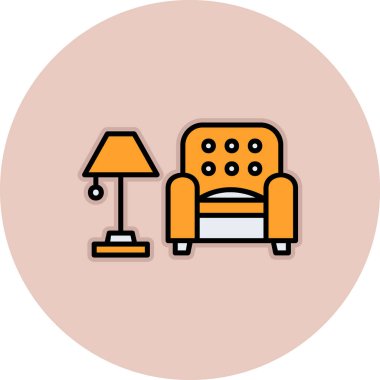 İç Tasarım Simgesi. Yer lambası ve Kol Sandalyesi tabelası. Vektör İllüstrasyonu