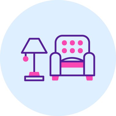 İç Tasarım Simgesi. Yer lambası ve Kol Sandalyesi tabelası. Vektör İllüstrasyonu