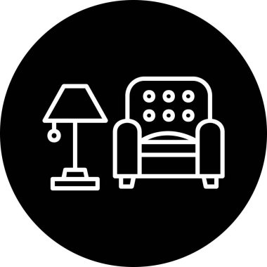 İç Tasarım Simgesi. Yer lambası ve Kol Sandalyesi tabelası. Vektör İllüstrasyonu