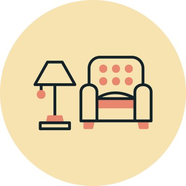 İç Tasarım Simgesi. Yer lambası ve Kol Sandalyesi tabelası. Vektör İllüstrasyonu