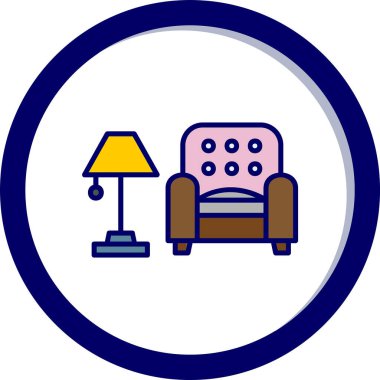 İç Tasarım Simgesi. Yer lambası ve Kol Sandalyesi tabelası. Vektör İllüstrasyonu