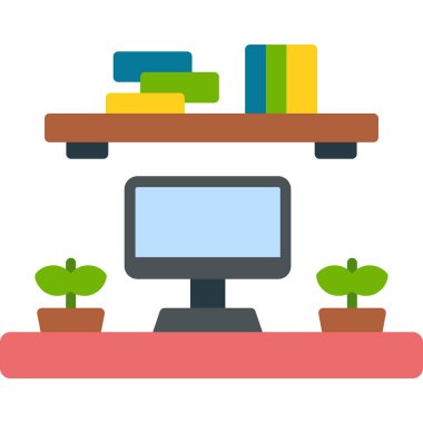 Masaüstü bilgisayarı ve mobilyası olan iş yeri simgesi, vektör illüstrasyonu 