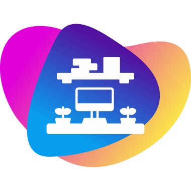 Masaüstü bilgisayarı ve mobilyası olan iş yeri simgesi, vektör illüstrasyonu 