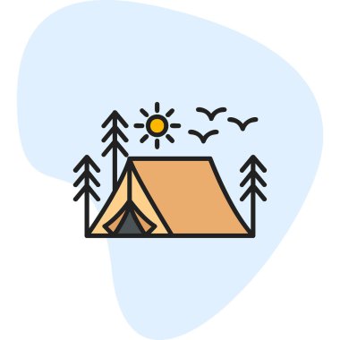 kamp çadırı orman ağaçları ve güneş vektör çizimi tasarımı