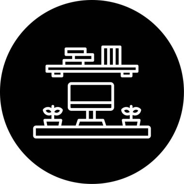 Masaüstü bilgisayarı ve mobilyası olan iş yeri simgesi, vektör illüstrasyonu 