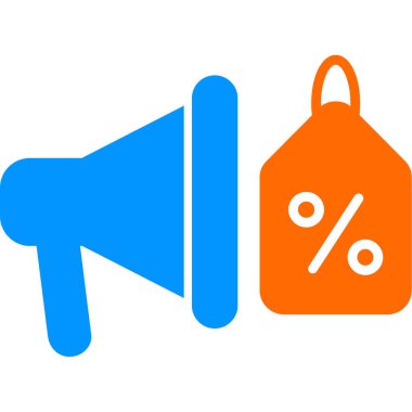 Megafon ve indirim etiketli bir promosyon ikonu. Basit tasarım 