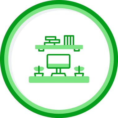 Masaüstü bilgisayarı ve mobilyası olan iş yeri simgesi, vektör illüstrasyonu 