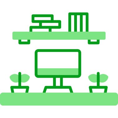 Masaüstü bilgisayarı ve mobilyası olan iş yeri simgesi, vektör illüstrasyonu 