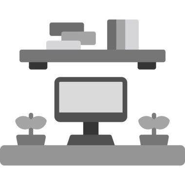 Masaüstü bilgisayarı ve mobilyası olan iş yeri simgesi, vektör illüstrasyonu 