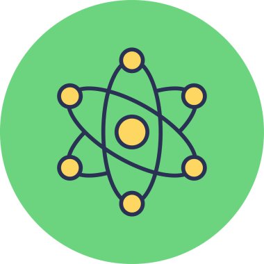 Bilimsel bağlamlarda kullanılan bir atom simgesinin düz stil çizimi.