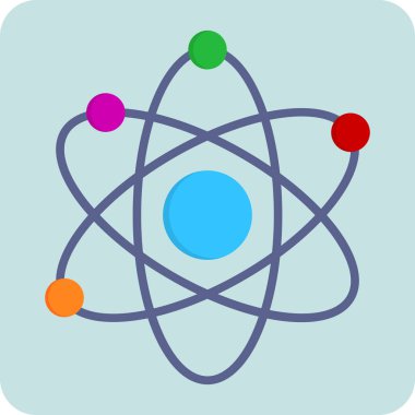 Bilimsel bağlamlarda kullanılan bir atom simgesinin düz stil çizimi.