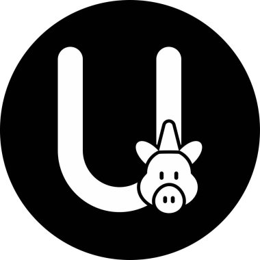 U harfinin soyut grafiği ve alfabe için tek boynuzlu at vektör çizimi