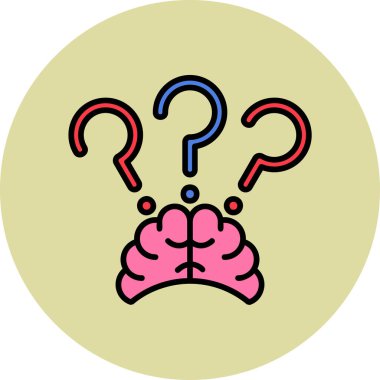 Soru işaretleri simgesi, merak sembolü, vektör illüstrasyonlu beyin 