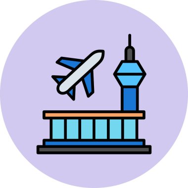 Havaalanı binası ve uçuş uçağı. simge, hava taşımacılığı altyapısının temel unsurlarını temsil ediyor