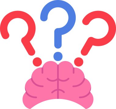 Soru işaretleri simgesi, merak sembolü, vektör illüstrasyonlu beyin 