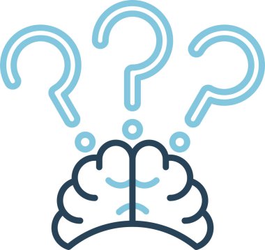 Soru işaretleri simgesi, merak sembolü, vektör illüstrasyonlu beyin 