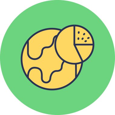 Küresel veri görselleştirmesini temsil eden, üst üste bindirilmiş istatistiksel çubukları ve simgeleri olan bir dünyanın modern, düz çizimi 