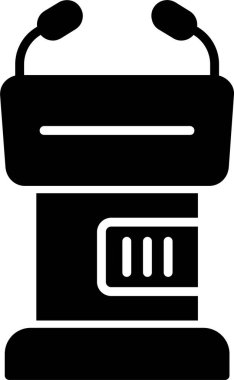 Tribün kürsüsü kürsüsü konuşma standı. Beyaz arka planda izole edilmiş mikrofonları olan bir Lectern. Vektör illüstrasyonu