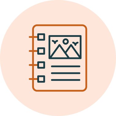 Basit web simgesi illüstrasyonu. Kağıt günlük defteri fotokopi yeri, dağlar, güneş, uçan kuşlar.