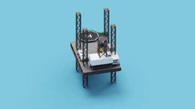 Açık mavi arkaplan üzerinde açık deniz platformu soyut illüstrasyon. Teknoloji, mühendislik ve enerji ile ilgili projeler için konumlanmış çoklu depolama tankları, sarnıçlar, endüstriyel binaların yer aldığı petrol platformunun ayrıntılı ve teknik temsili.