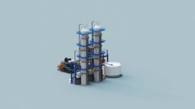Çeşitli yakıt türleri üretmek için ham petrol rafineri kompleksi. Enerji, petrol ve gaz veya kritik altyapı projeleri için sadeleştirilmiş minimalist değer. Yakıt deposu ve düzeltme sütununu içerir