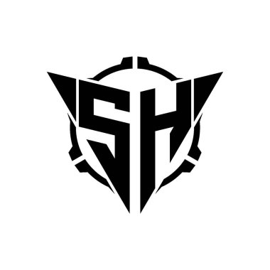 SH Oyun Logosu Geometrik modern Üçgen Yuvarlak Scope Sniper Taktik stili tasarımı izole arkaplan, minimal oyun logo tasarımı, keskin nişancı üçgen logosu logosu harfi.