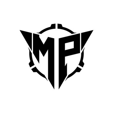 MP Oyun Logosu Geometrik modern Üçgen Yuvarlak Dürbünlü Keskin Nişancı Taktik Stili Tasarımı izole arka planda, minimal oyun logosu tasarımı, keskin nişancı üçgen logosu logosu.