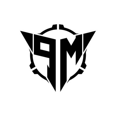 PM Oyun Logosu Geometrik modern Üçgen Yuvarlak Dürbünlü Keskin Nişancı Taktik Stili tasarımı izole arkaplan, minimal oyun logosu tasarımı, keskin nişancı üçgen logosu logosu.