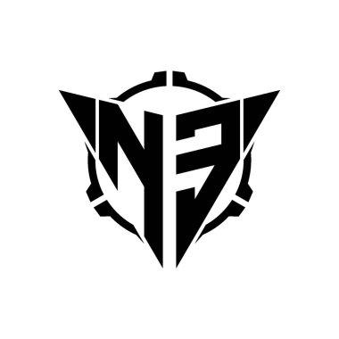 NE Oyun Logosu Geometrik modern Üçgen Yuvarlak Dürbünlü Keskin Nişancı Taktik Stili tasarımı izole arkaplan, minimal oyun logosu tasarımı, keskin nişancı üçgen logosu logosu.