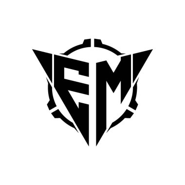 EM Oyun Logosu Geometrik modern Üçgen Yuvarlak Scope Sniper Taktik stili tasarımı izole arkaplan, miniminalist oyun logo tasarımı, keskin nişancı üçgen logo harfi.