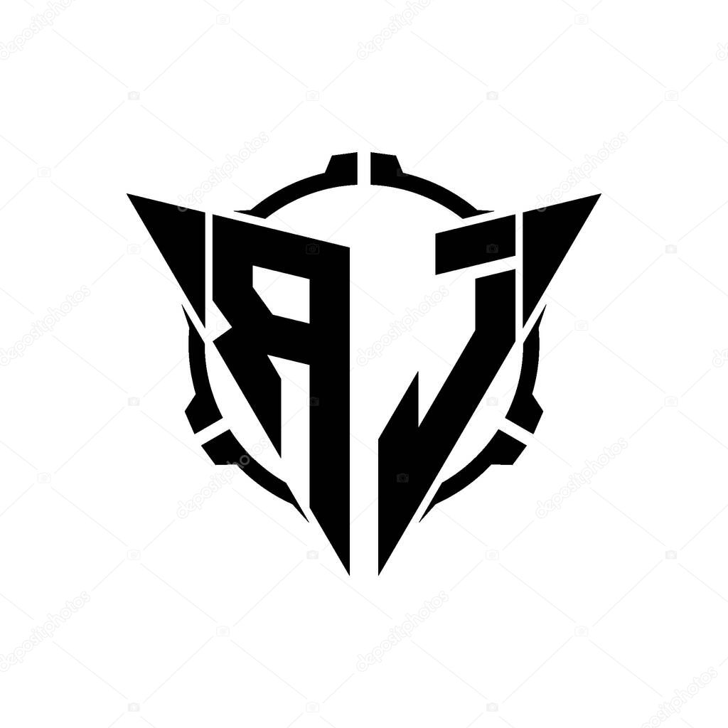 RJ Gaming Logo Initial with geometric modern Triangle rounded Scope Sniper Tactical style design in isolated background, minimalist gaming monogram logo design, sniper shoot triangle logo letter.