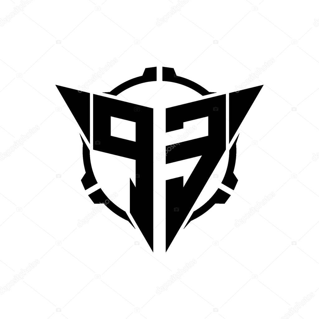 PE Gaming Logo Initial with geometric modern Triangle rounded Scope Sniper Tactical style design in isolated background, minimalist gaming monogram logo design, sniper shoot triangle logo letter.