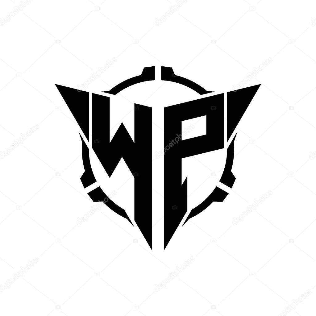 WP Gaming Logo Initial with geometric modern Triangle rounded Scope Sniper Tactical style design in isolated background, minimalist gaming monogram logo design, sniper shoot triangle logo letter.
