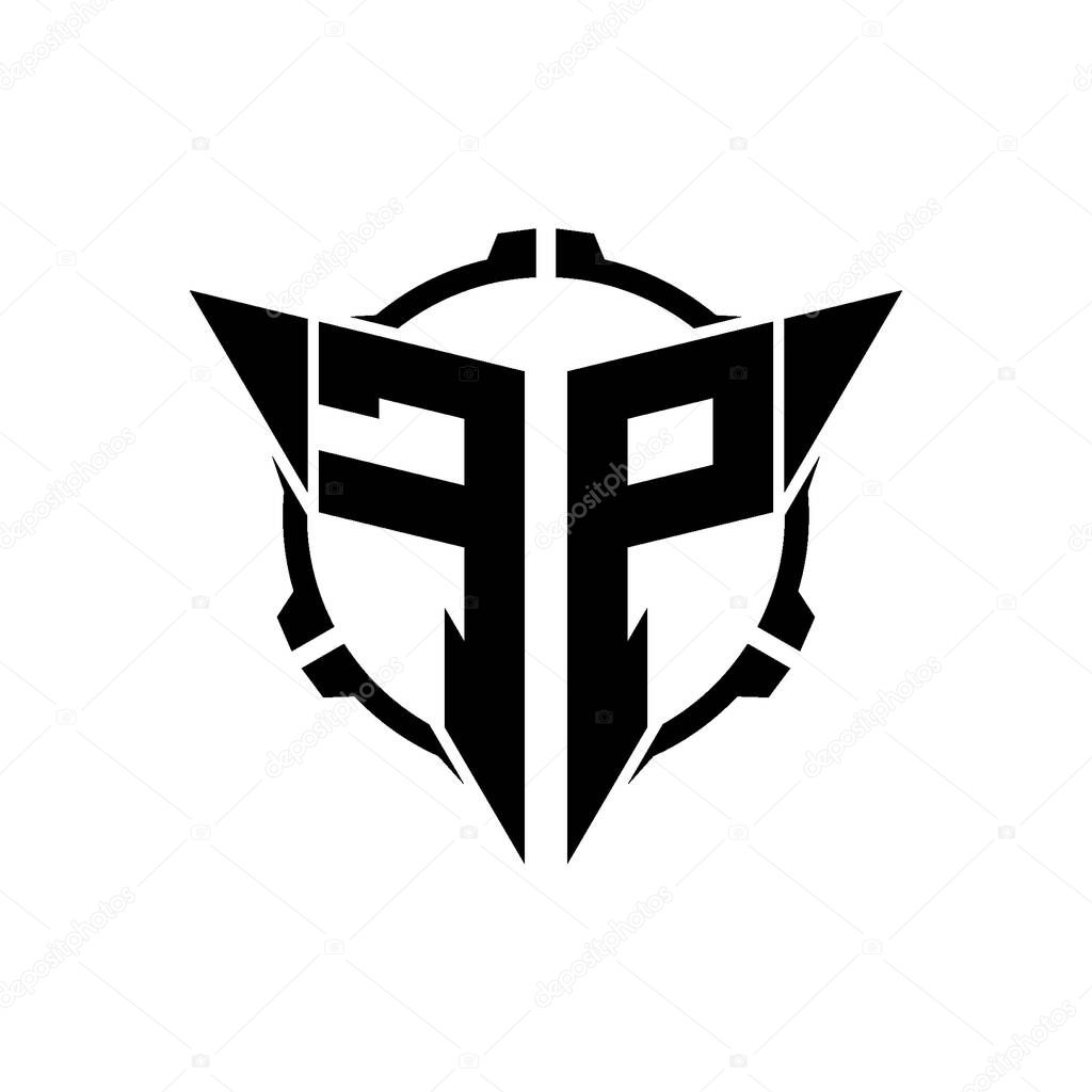 FP Gaming Logo Initial with geometric modern Triangle rounded Scope Sniper Tactical style design in isolated background, minimalist gaming monogram logo design, sniper shoot triangle logo letter.