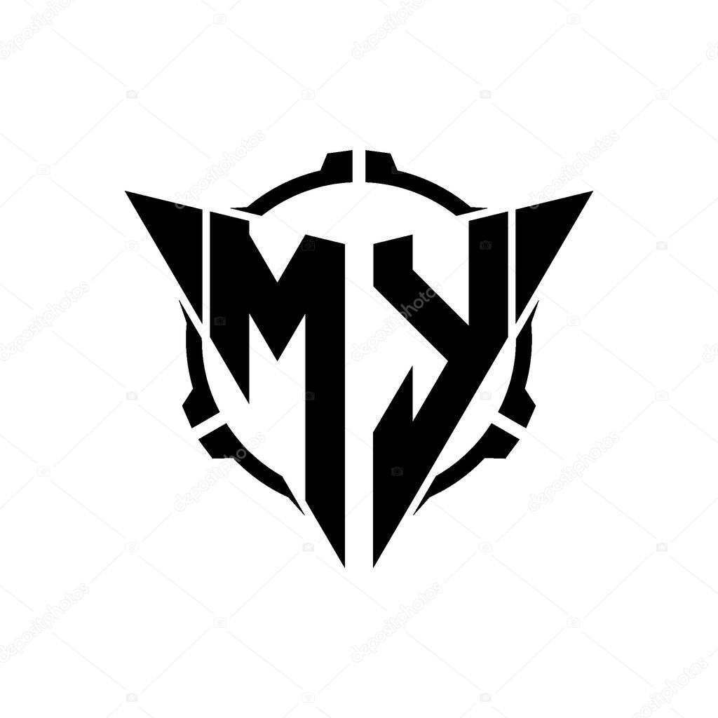 MY Gaming Logo Initial with geometric modern Triangle rounded Scope Sniper Tactical style design in isolated background, minimalist gaming monogram logo design, sniper shoot triangle logo letter.
