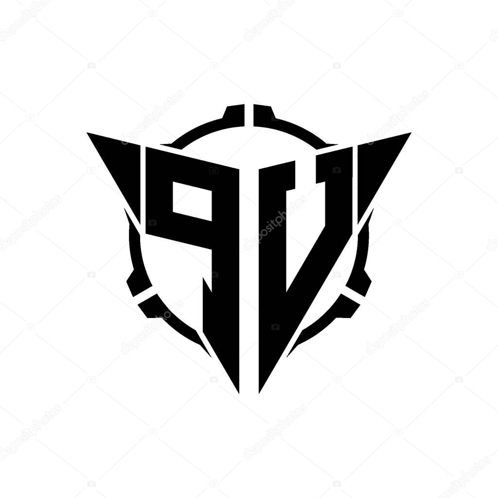 PU Gaming Logo Initial with geometric modern Triangle rounded Scope Sniper Tactical style design in isolated background, minimalist gaming monogram logo design, sniper shoot triangle logo letter.