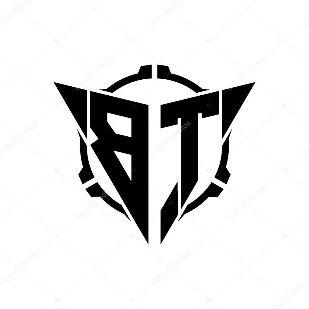BT Gaming Logo Initial with geometric modern Triangle rounded Scope Sniper Tactical style design in isolated background, minimalist gaming monogram logo design, sniper shoot triangle logo letter.