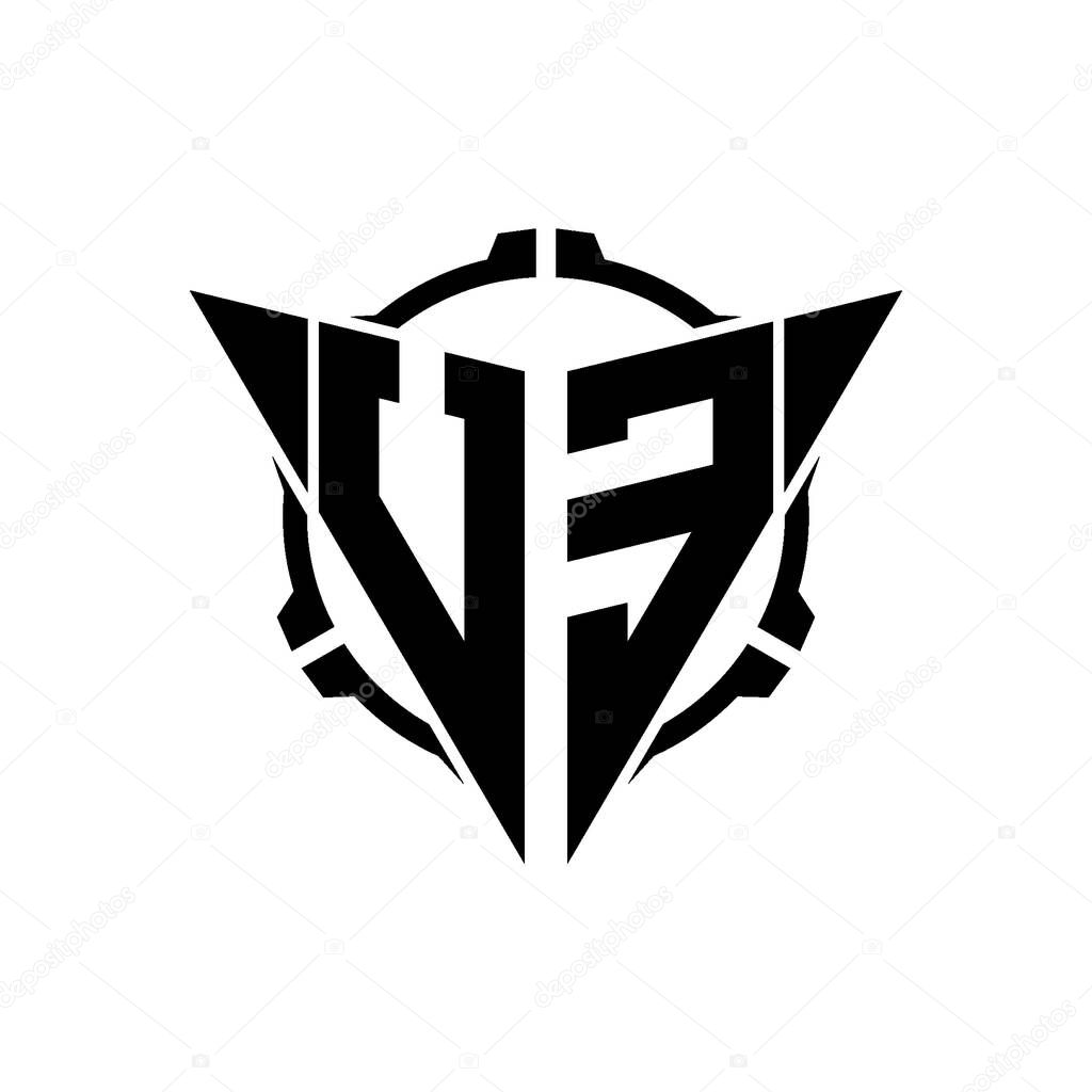 UE Gaming Logo Initial with geometric modern Triangle rounded Scope Sniper Tactical style design in isolated background, minimalist gaming monogram logo design, sniper shoot triangle logo letter.