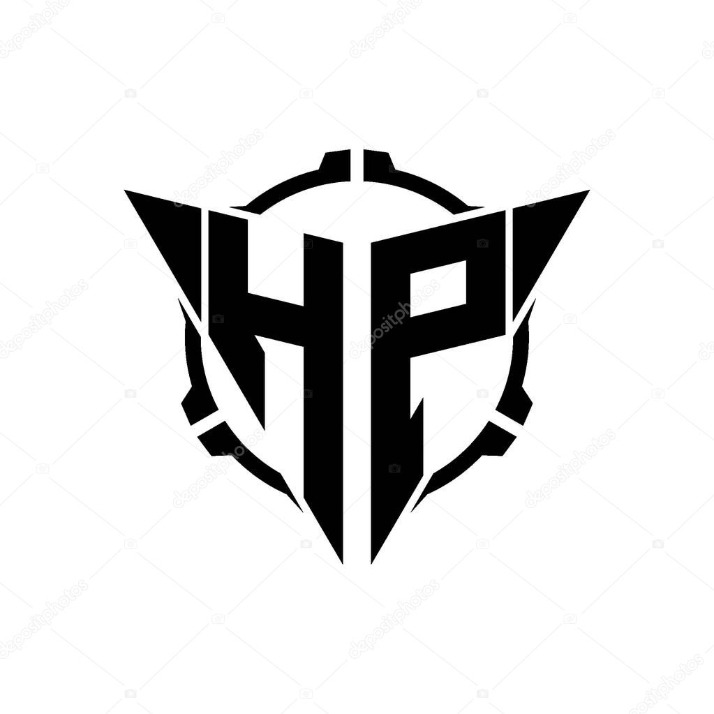 HP Gaming Logo Initial with geometric modern Triangle rounded Scope Sniper Tactical style design in isolated background, minimalist gaming monogram logo design, sniper shoot triangle logo letter.