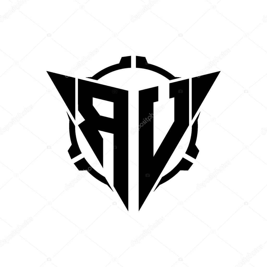 RU Gaming Logo Initial with geometric modern Triangle rounded Scope Sniper Tactical style design in isolated background, minimalist gaming monogram logo design, sniper shoot triangle logo letter.