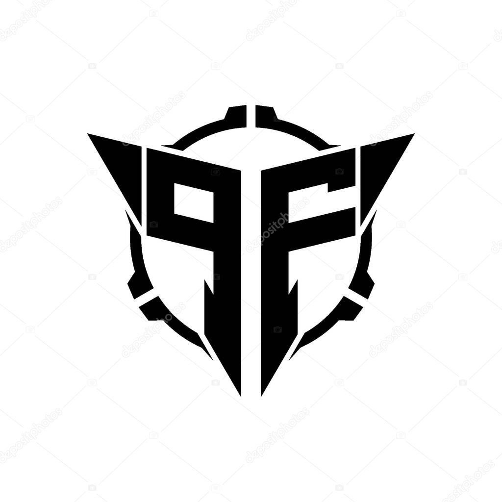 PF Gaming Logo Initial with geometric modern Triangle rounded Scope Sniper Tactical style design in isolated background, minimalist gaming monogram logo design, sniper shoot triangle logo letter.