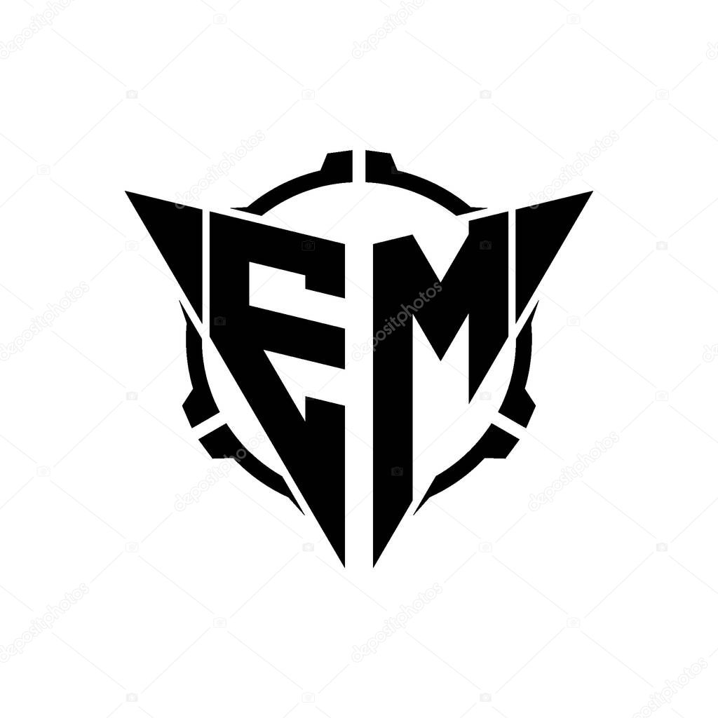 EM Gaming Logo Initial with geometric modern Triangle rounded Scope Sniper Tactical style design in isolated background, minimalist gaming monogram logo design, sniper shoot triangle logo letter.