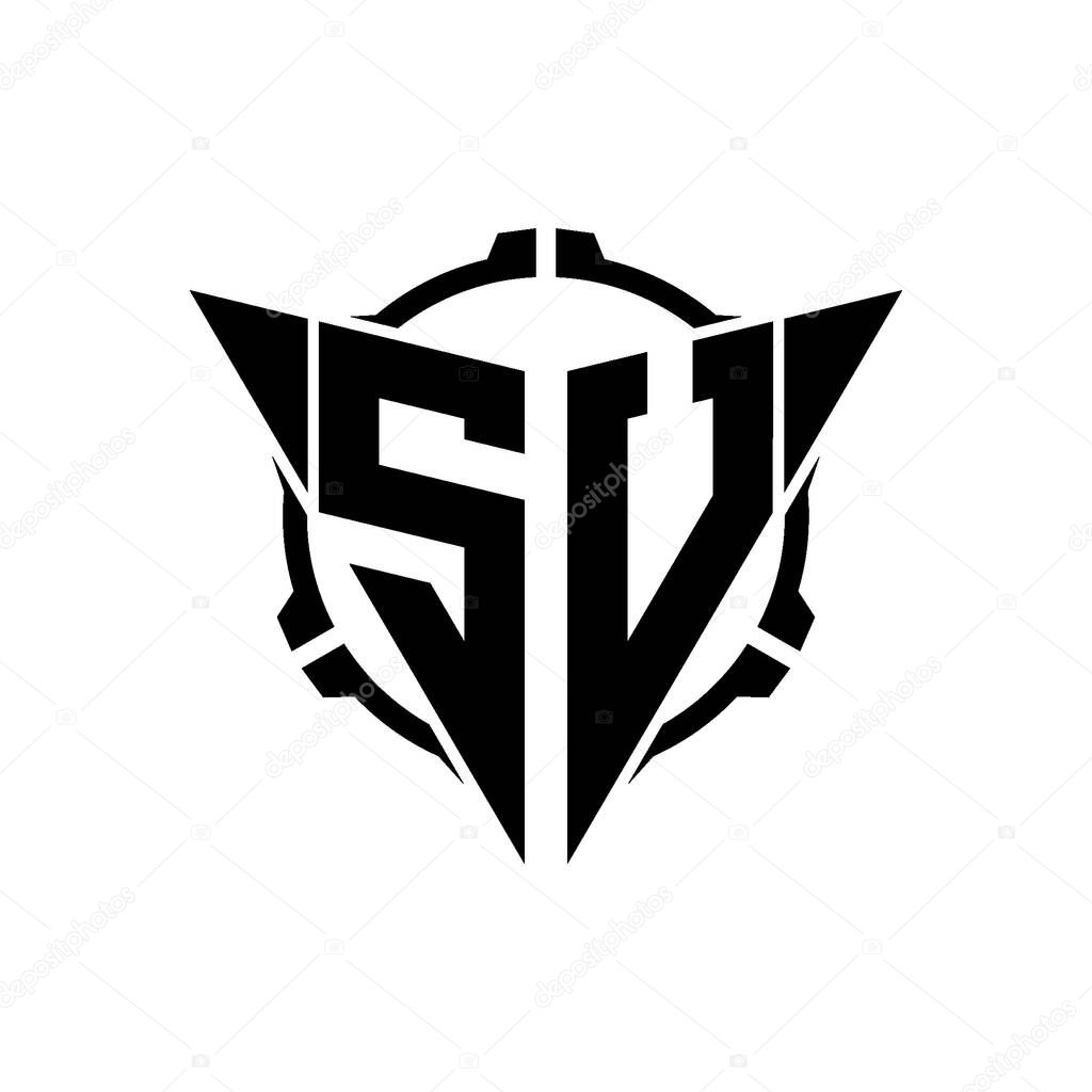 SU Gaming Logo Initial with geometric modern Triangle rounded Scope Sniper Tactical style design in isolated background, minimalist gaming monogram logo design, sniper shoot triangle logo letter.